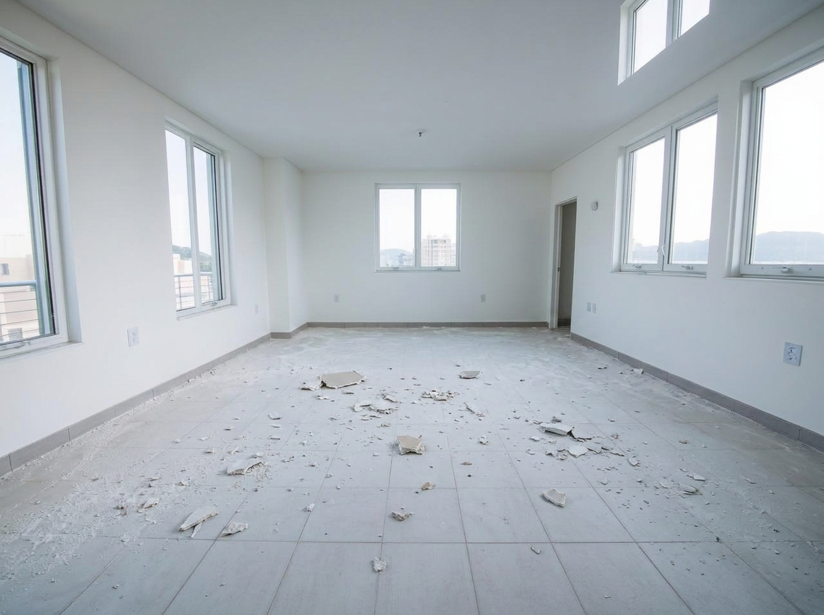 Espaço interior antes da limpeza pós-obra, com poeira e resíduos